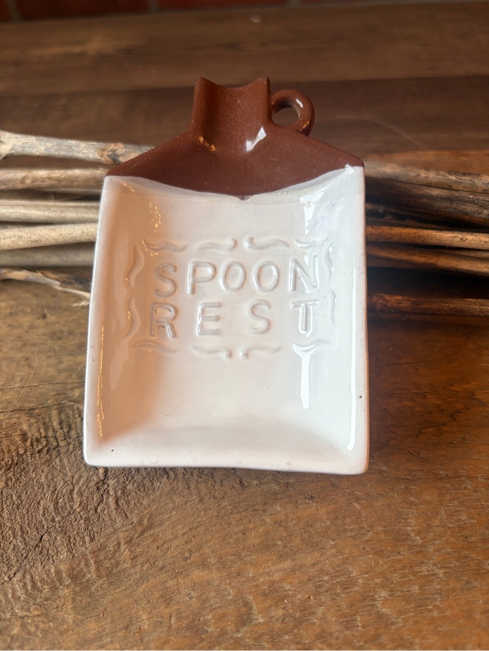 Vintage Enesco Ceramic Spoon Rest Brown and White Jug Shape Japan Kitchen Decor